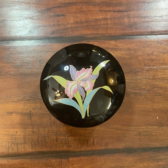 Otagiri Black Orchid Trinket Jewelry Box Covered Dish Lid VTG Japan Retro Decor - Picture 1 of 15
